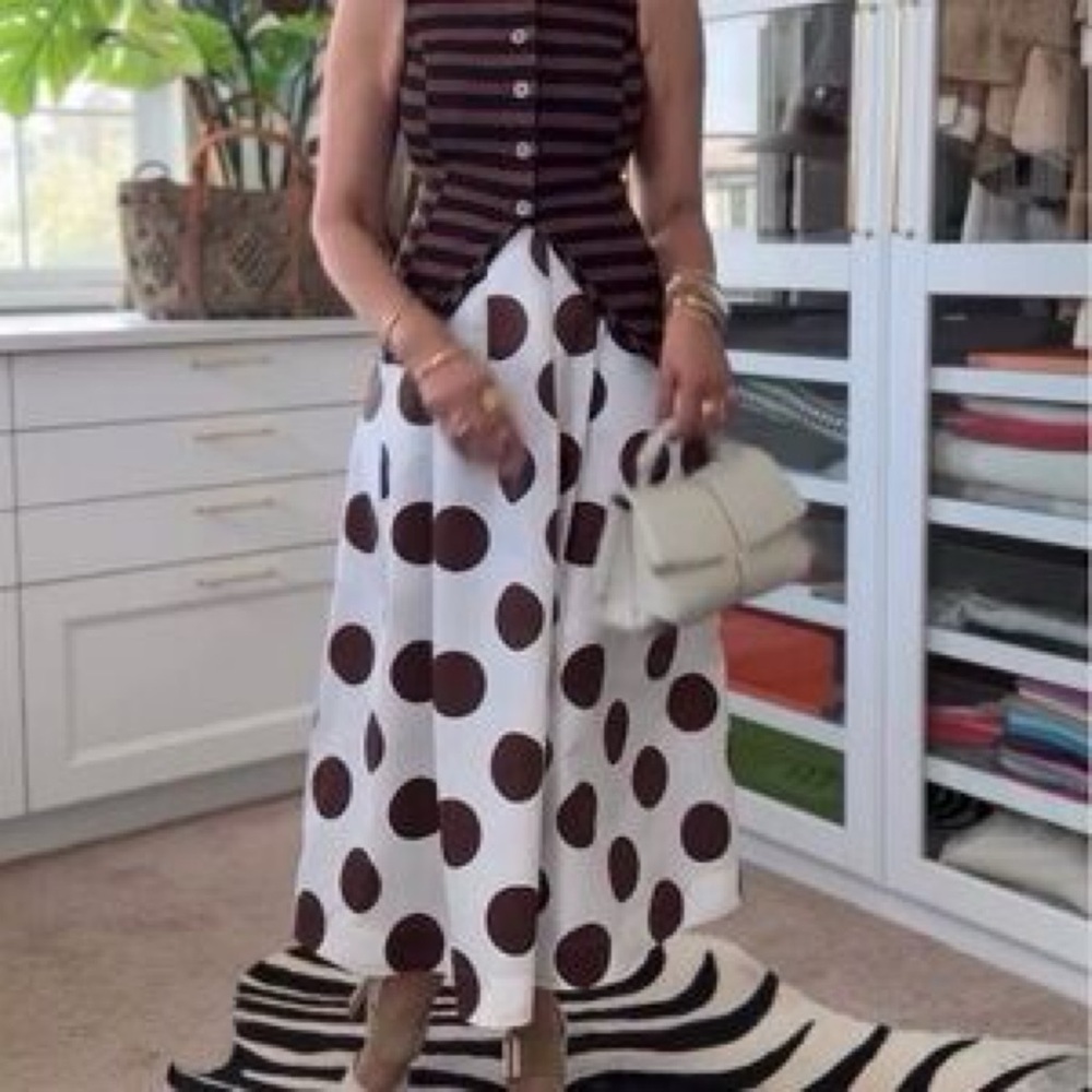 NWT Anthro Maeve Cotton Poplin Pleated Cream and Brown Polka Dot Midi Skirt XS - Picture 15 of 15